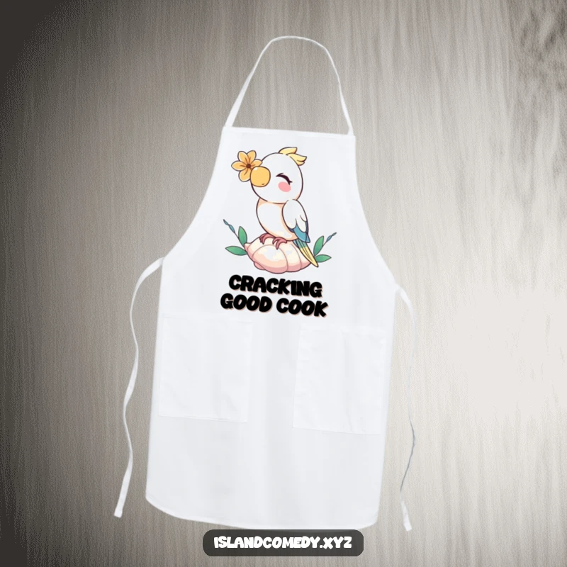 Funny parrot with a flower behind its ear, giggling on a seashell, a humorous and practical apron.