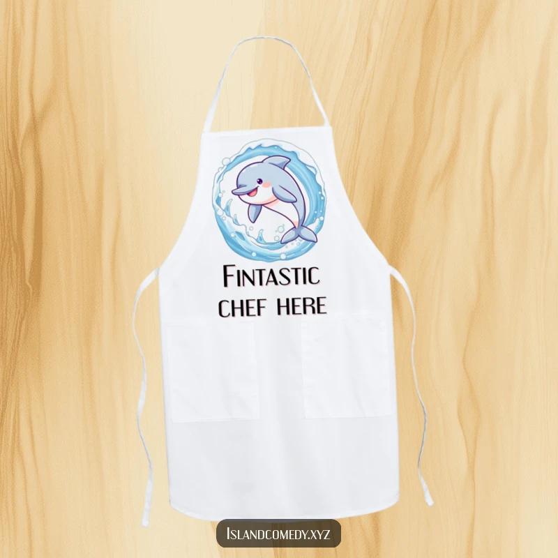Funny dolphin in a dynamic leap through a sparkling wave, a humorous and practical apron for kitchen use.