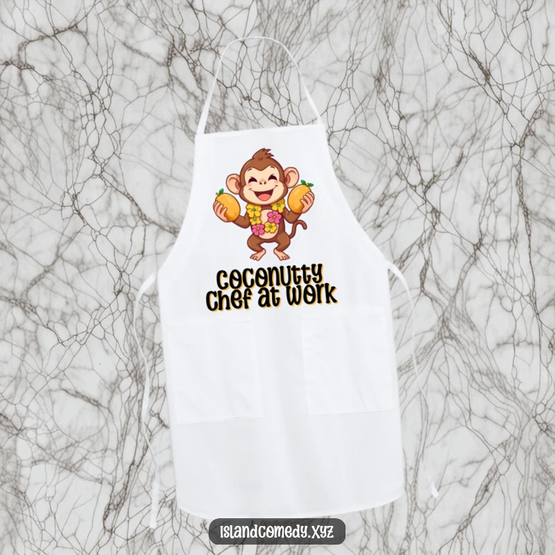Funny apron with a playful monkey in a lei juggling coconuts, perfect for kitchen fun and parties.