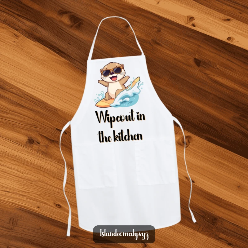 Funny apron with a joyful otter wearing sunglasses, surfing a wave, perfect for grilling or kitchen fun.