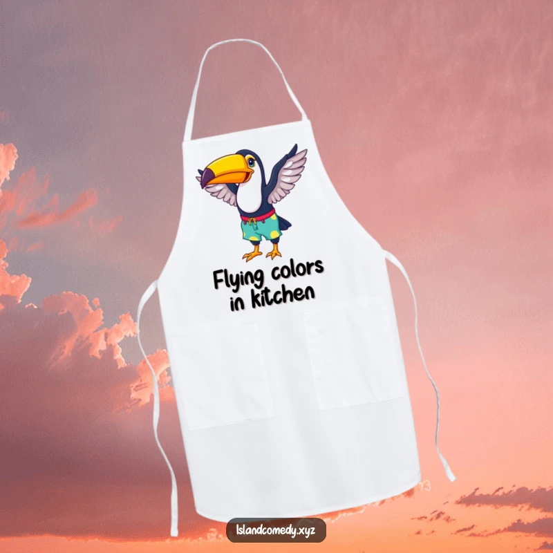 Funny apron with a happy toucan wearing colorful beach shorts, flapping its wings, perfect for kitchen fun.