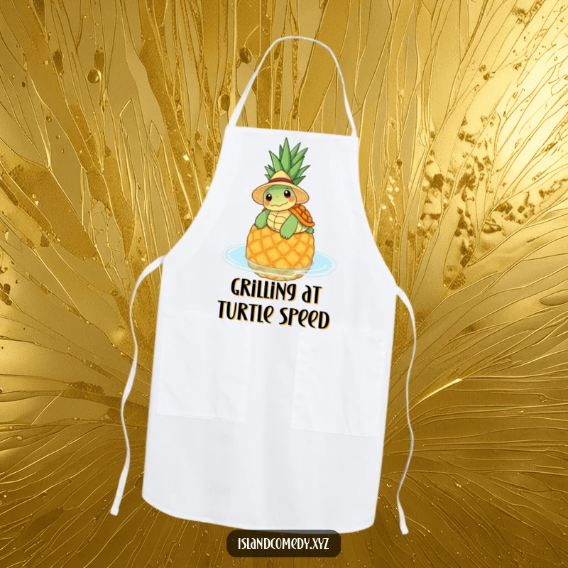 Funny apron with a content turtle wearing a straw hat, floating on a pineapple, perfect for kitchen calm.