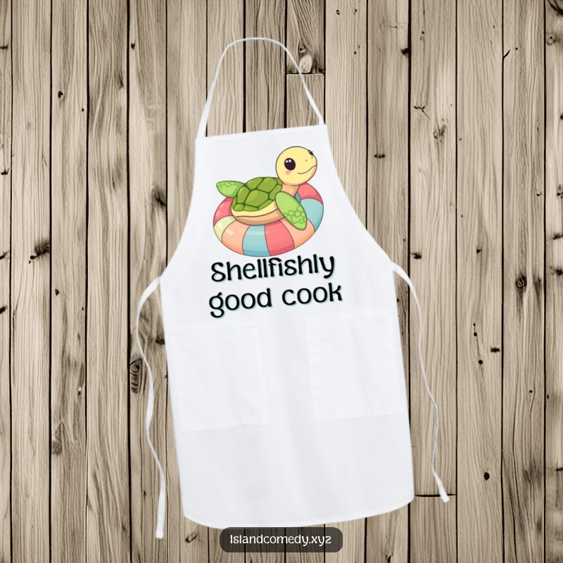 Funny sea turtle enjoying a ride on an inner tube, a hilarious and practical apron for cooking adventures.