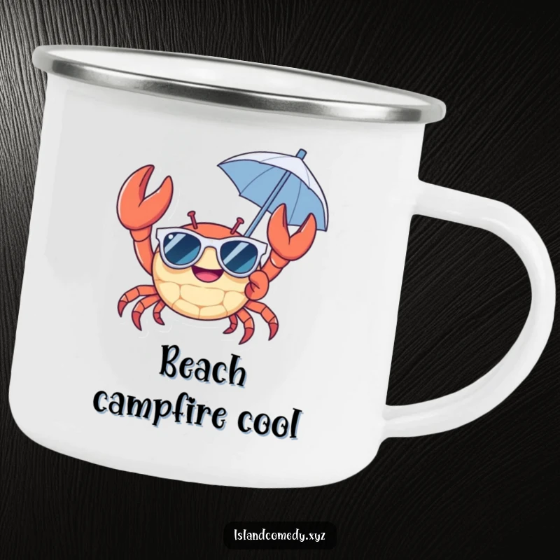 Cheerful crab wearing sunglasses and holding a tiny umbrella camping mug, durable and amusing drinkware for beach trips.