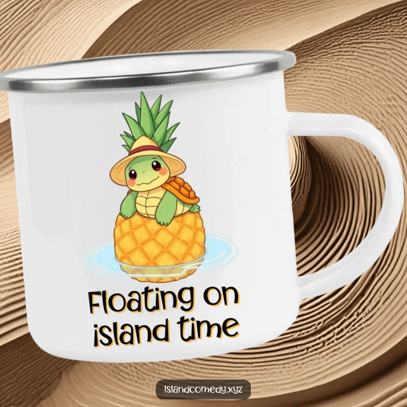 Funny camping mug with a relaxed turtle in a straw hat floating on a pineapple, perfect for chill adventures.
