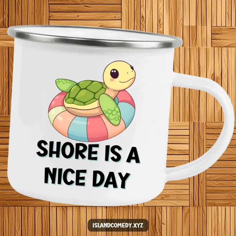 Funny sea turtle resting on an inner tube, a durable and hilarious camping mug for outdoor enthusiasts.