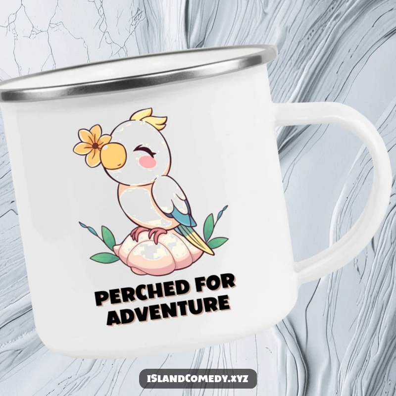 Funny parrot with a flower, giggling on a seashell, a rugged and hilarious camping mug.