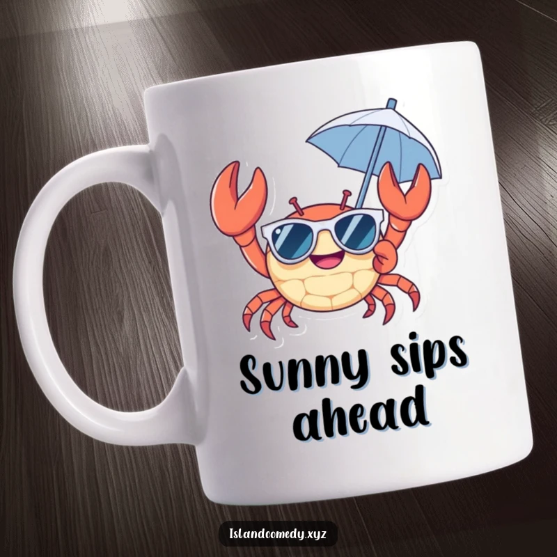Cheerful crab wearing sunglasses and holding a tiny umbrella mug, capturing a relaxed beach vacation mood.
