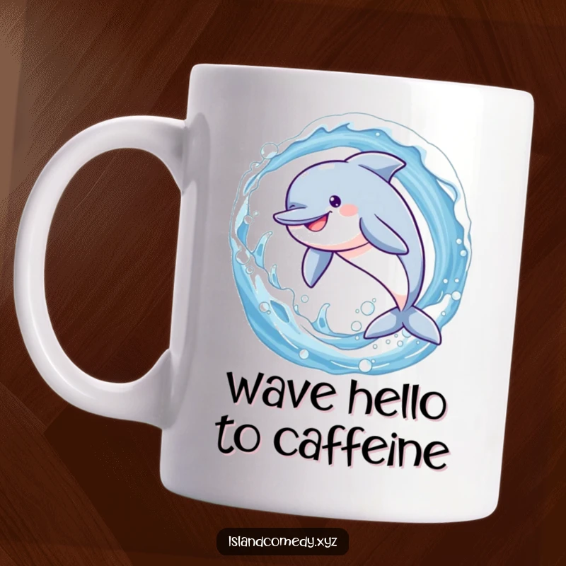 Funny smiling dolphin leaping dynamically through a sparkling blue wave, a delightful and hilarious mug design.