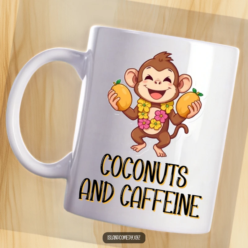 Funny monkey mug showing a playful monkey in a lei juggling coconuts, a fun tropical gift.