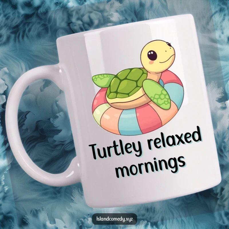 Funny sea turtle on inner tube mug, blissfully floating with a happy, relaxed expression, perfect for beach lovers.