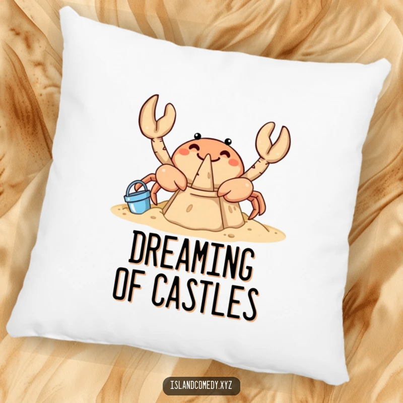 Funny crab pillow featuring a curious crab meticulously crafting a sandcastle with miniature beach construction tools.