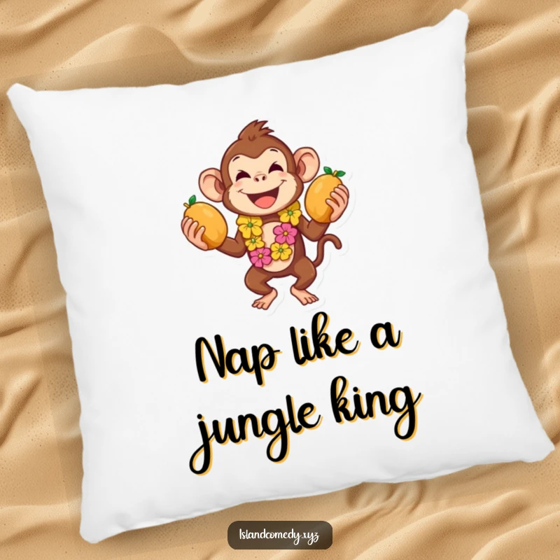 Funny monkey juggling pillow with a playful monkey in a lei tossing coconuts, offering cozy island comfort.
