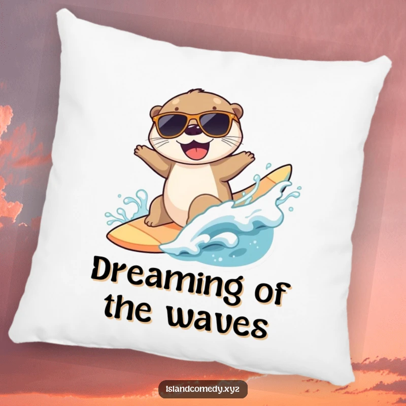 Funny otter surfing pillow showing a joyful otter in sunglasses riding a wave, perfect for coastal comfort.