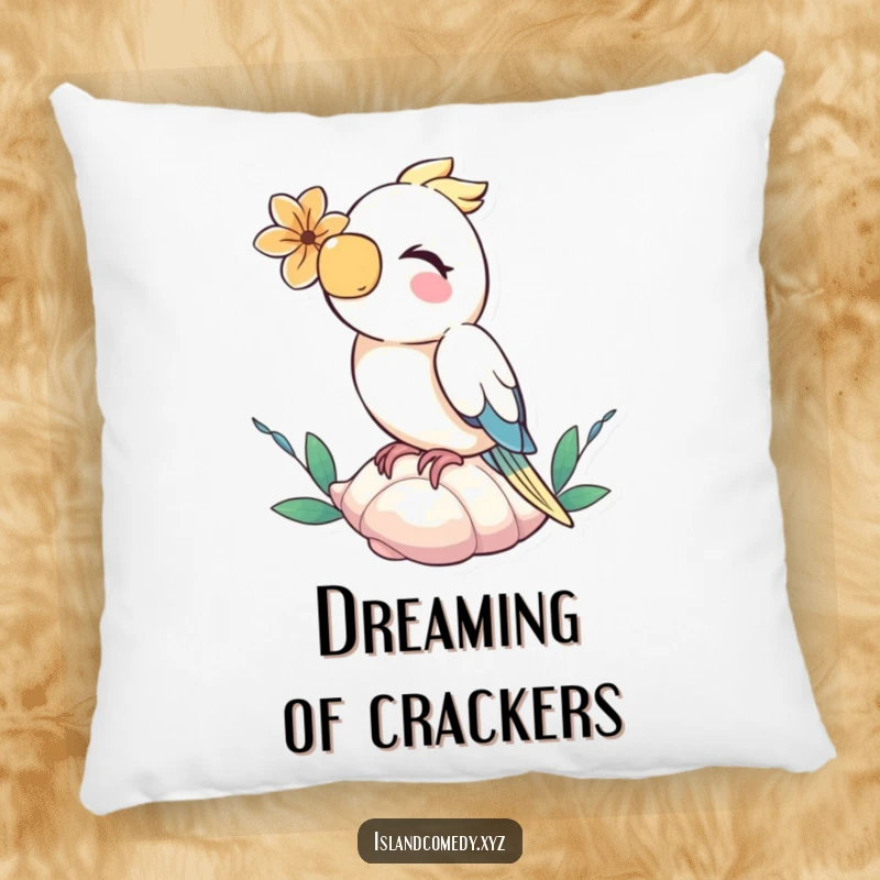 Funny parrot with a flower, giggling on a seashell, a soft and humorous pillow for decorative comfort.