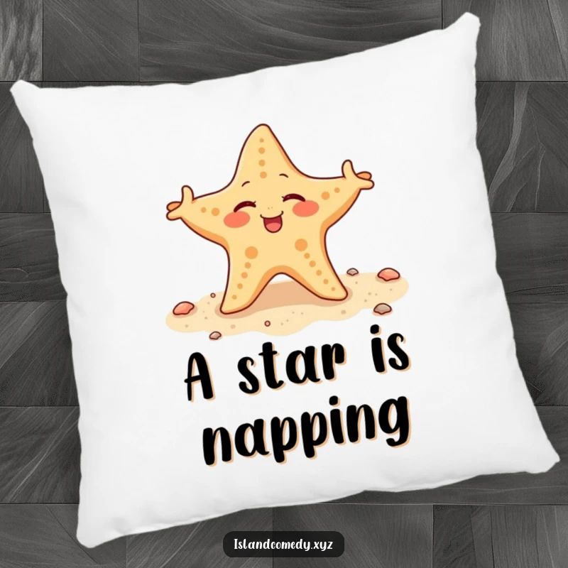 Funny starfish winking and wiggling its arms on a sandy shore, a soft and humorous pillow.