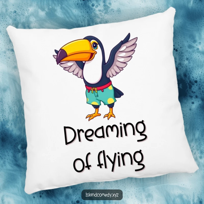 Funny toucan beach pillow with a happy toucan in colorful shorts flapping its wings, offering cozy tropical comfort.