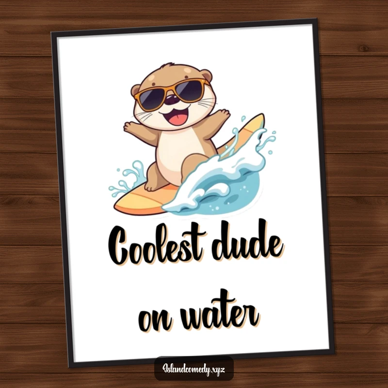 Funny digital art print of a joyful otter wearing sunglasses, surfing a wave, bringing instant beach vibes.