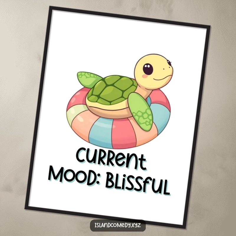 Funny sea turtle on a colorful inner tube, smiling blissfully, a high-resolution digital art print for funny wall decor.