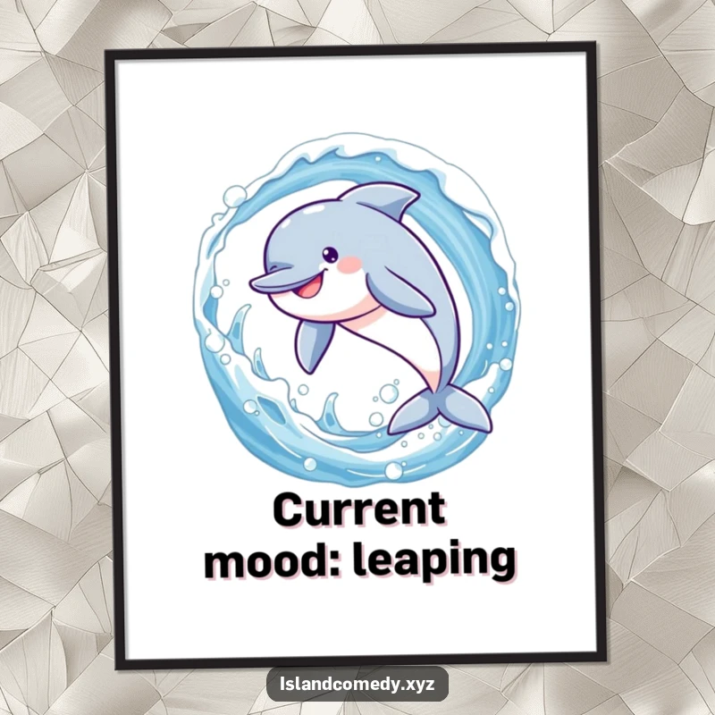 Funny dolphin in an energetic leap through a sparkling wave, a high-resolution digital art print for funny wall decor.