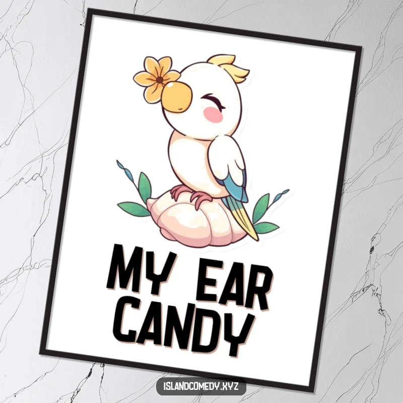 Funny parrot with a flower behind its ear, giggling on a seashell, a high-resolution digital art print for funny decor.