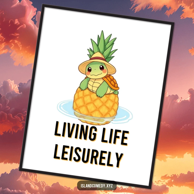Funny digital art print of a content turtle in a straw hat floating on a pineapple, bringing instant serenity.