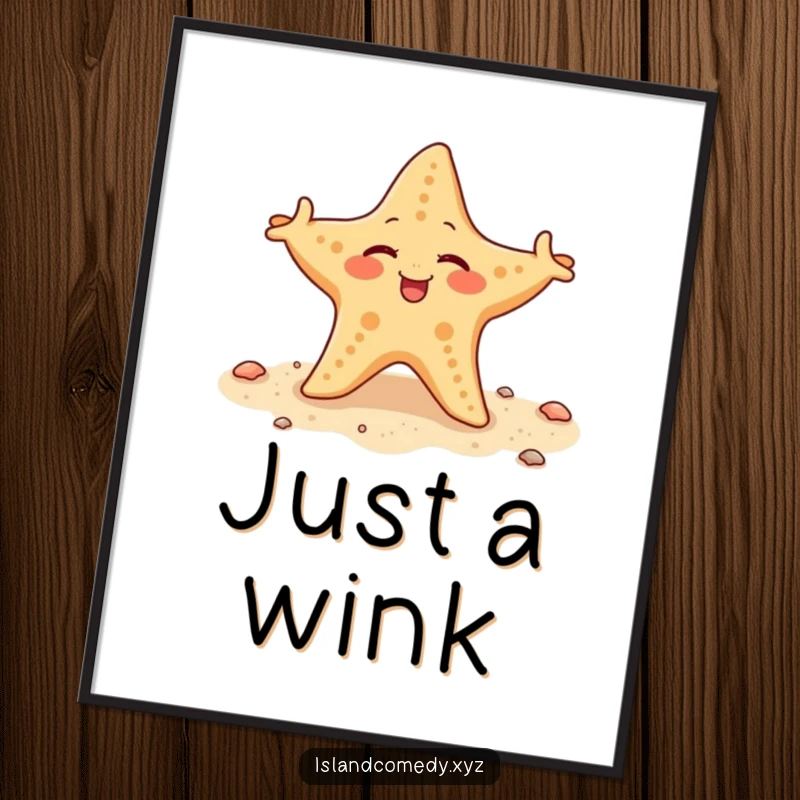 Funny starfish winking and wiggling its arms on a sandy shore, a high-resolution digital art print for funny decor.
