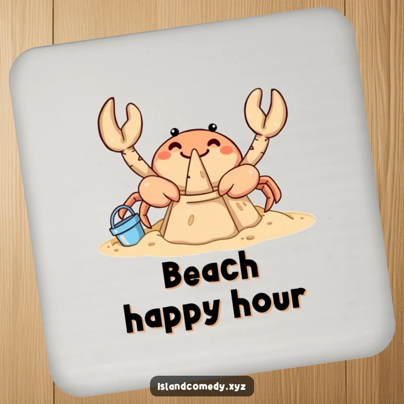 Funny crab coasters depicting a curious crab building a sandcastle, protecting your surfaces with coastal humor.
