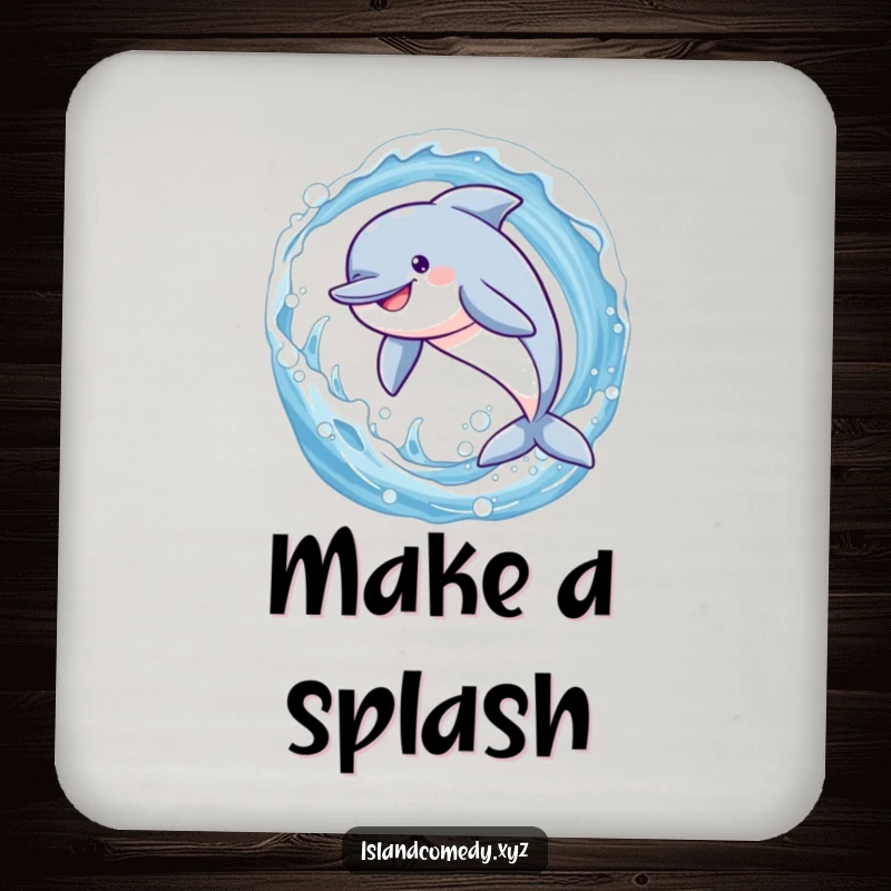 Funny dolphin mid-leap through a sparkling wave, a protective and hilarious drink coaster for any surface.