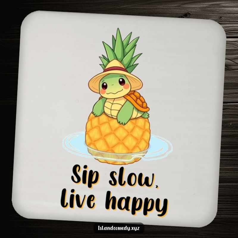 Funny drink coasters with a content turtle wearing a straw hat, floating on a pineapple, adding tropical chill.