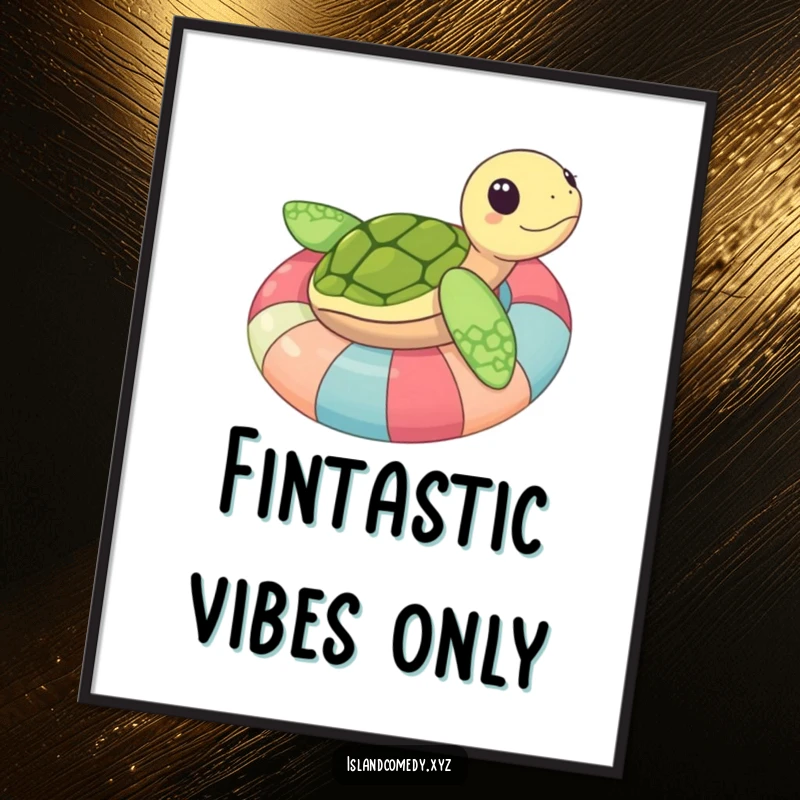 Funny sea turtle floating on a colorful inner tube, radiating happiness, a delightful and hilarious wall art poster.