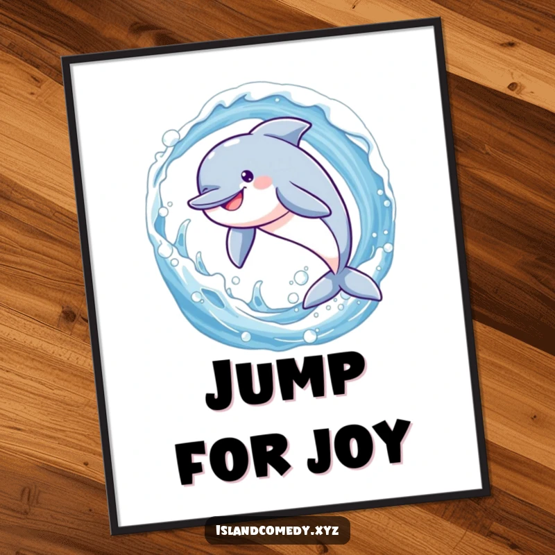 Funny dolphin mid-leap through a vibrant, sparkling wave, a high-quality digital art print for humorous wall decor.