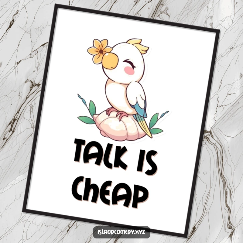 Funny parrot with a flower behind its ear, giggling on a seashell, a delightful and hilarious wall art poster.