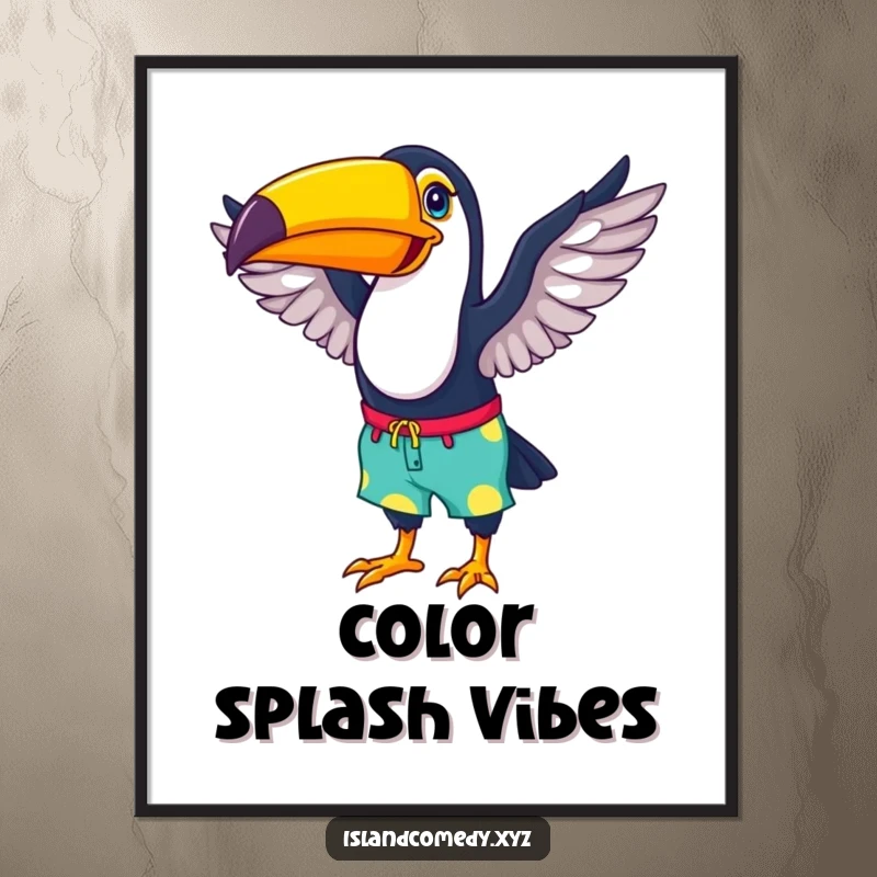 Funny poster featuring a happy toucan wearing colorful beach shorts, flapping its wings, adding tropical fun.