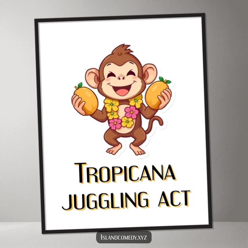 Funny poster featuring a playful monkey in a lei juggling coconuts, adding tropical fun to any wall.