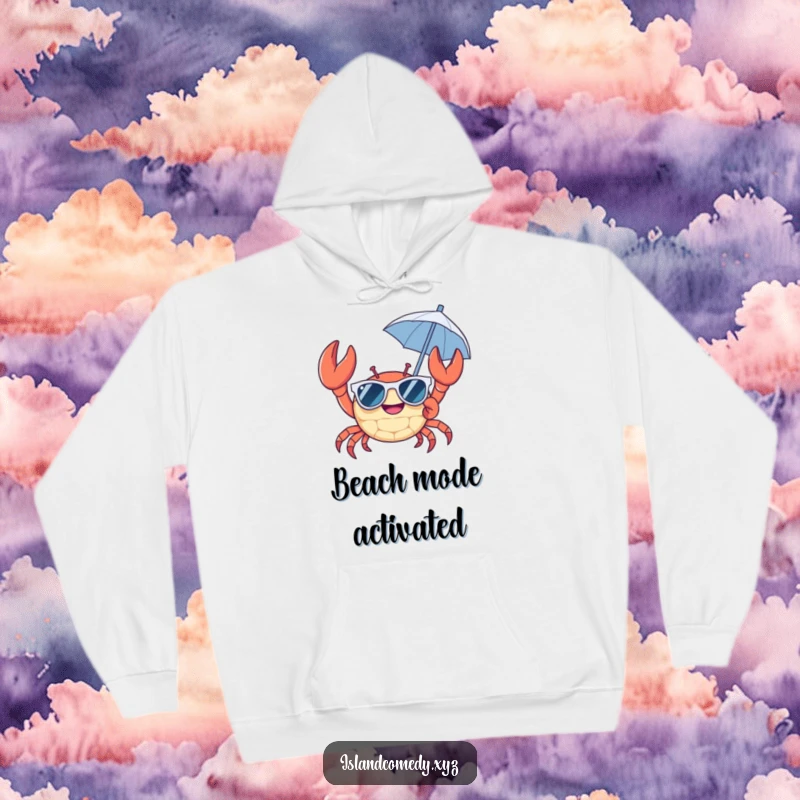 Cheerful crab wearing sunglasses and holding a tiny umbrella hoodie, a warm and humorous top for beach lovers.