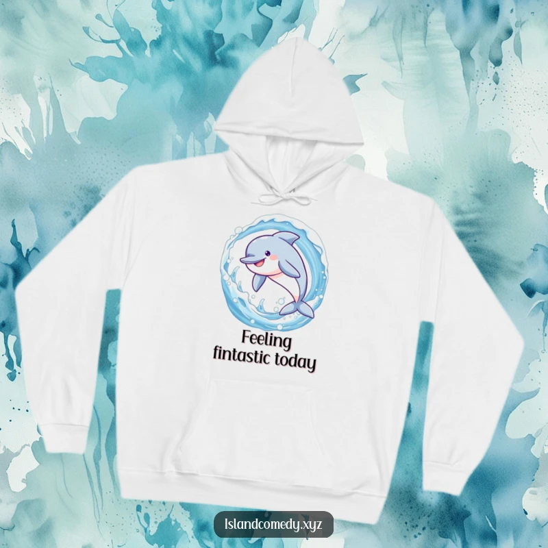 Funny dolphin jumping joyfully through a sparkling ocean wave, depicted on a warm and hilarious hoodie.