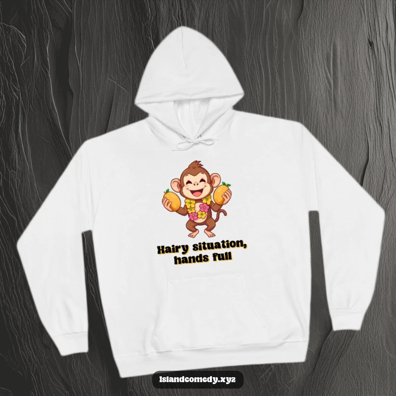 Funny hoodie depicting a playful monkey in a lei juggling coconuts, offering cozy tropical vibes.
