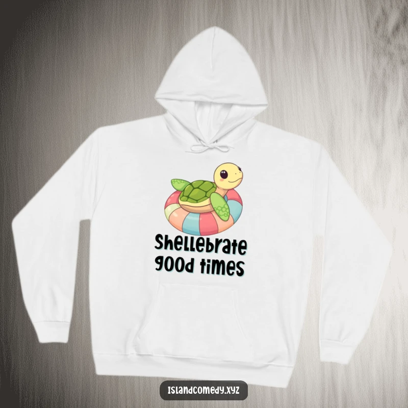 Funny sea turtle on a vibrant inner tube, radiating pure bliss while floating, a cozy and hilarious hoodie.