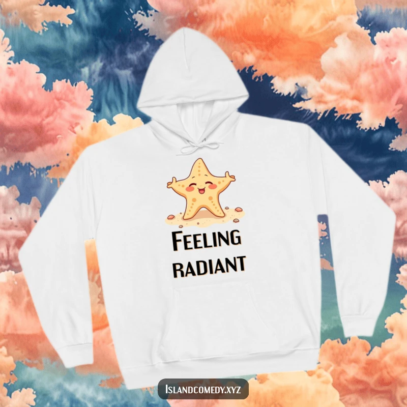 Funny starfish winking and wiggling its arms on a sandy beach, a warm and hilarious hoodie.