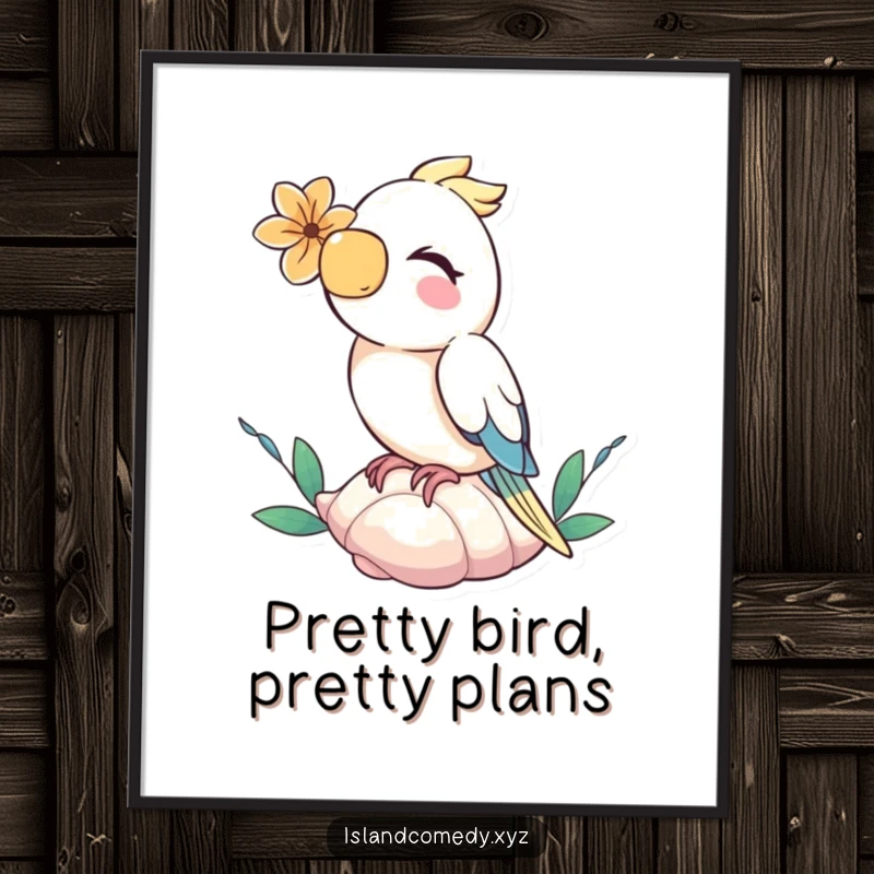 Funny Free Printable Wall Art of a giggling parrot with a flower, perched playfully on a seashell.
