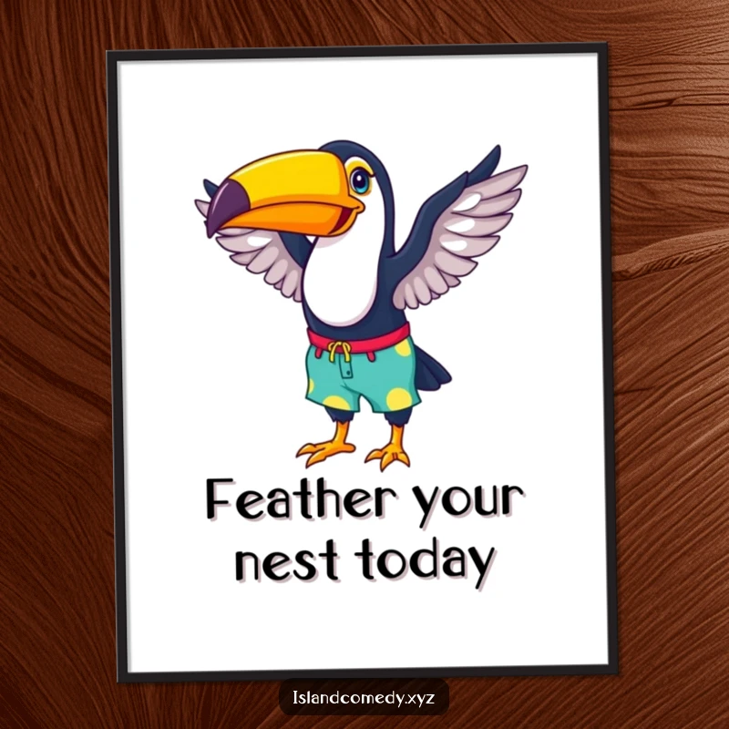 Funny Free Printable Wall Art of a happy toucan in colorful beach shorts flapping its wings, perfect for a cheerful room.
