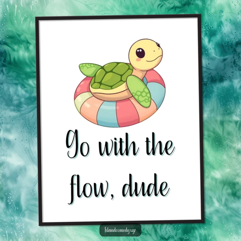 Funny Free Printable Wall Art of a sea turtle blissfully floating on a colorful inner tube, bringing beach vibes home.