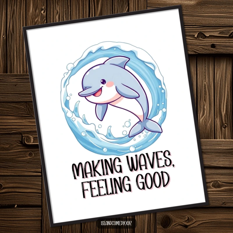 Funny Free Printable Wall Art of a smiling dolphin leaping joyfully through a sparkling wave, capturing ocean energy.