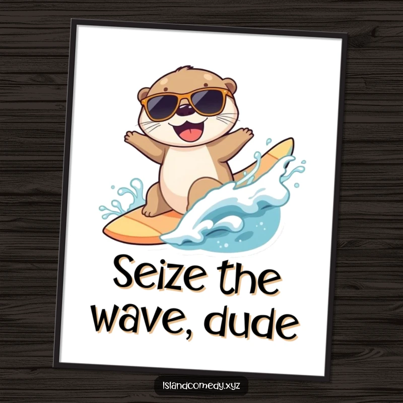 Funny Free Printable Wall Art depicting a joyful otter in sunglasses expertly surfing a big wave, radiating cool energy.