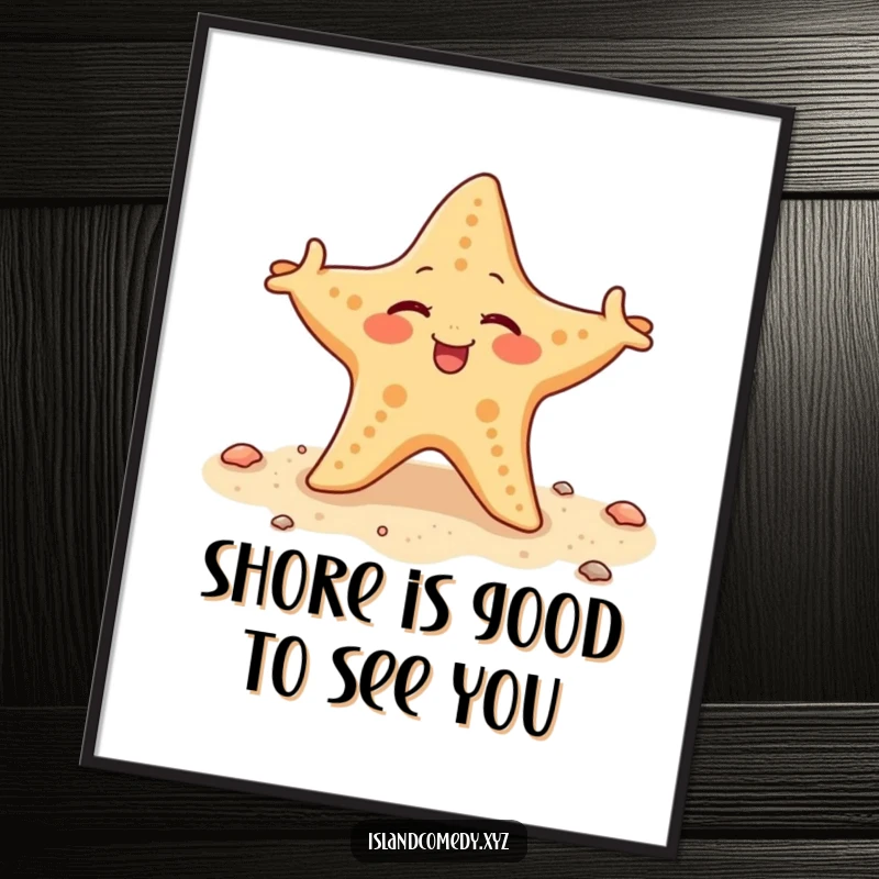 Funny Free Printable Wall Art of a winking starfish wiggling its arms on the sandy shore, bringing beach vibes.
