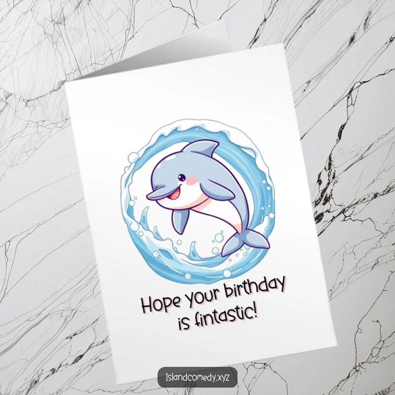 Funny Free Printable Birthday Card showcasing a smiling dolphin leaping through a sparkling wave, celebrating a birthday.