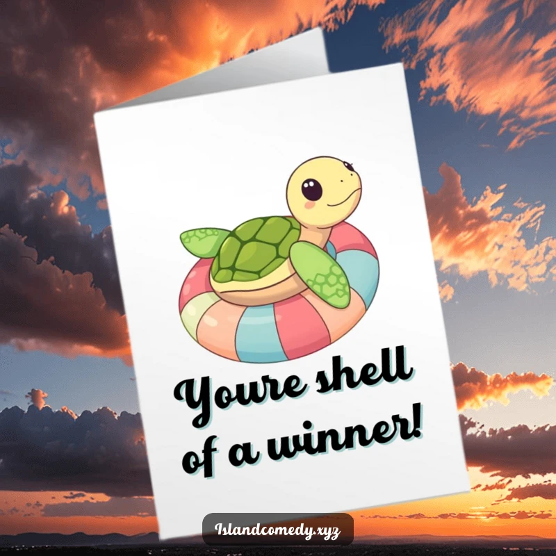 Funny Free Printable Congratulations Card showing a happy sea turtle floating on an inner tube, perfect for celebrating.