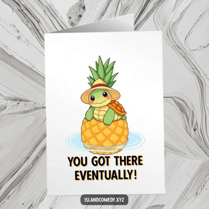Funny Free Printable Congratulations Card of a happy turtle in a straw hat peacefully floating on a pineapple, celebrating relaxation.