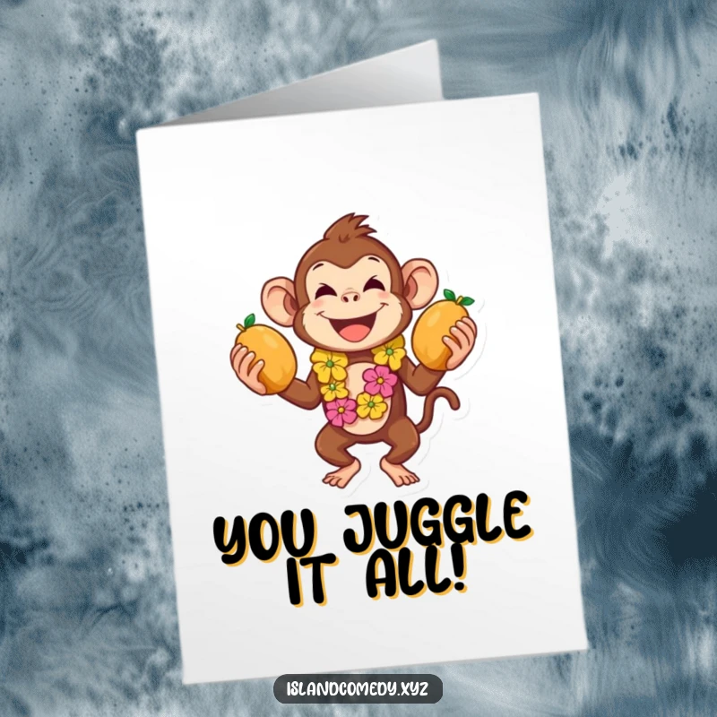 Funny Free Printable Congratulations Card of a playful monkey in a lei juggling coconuts, celebrating success with flair.